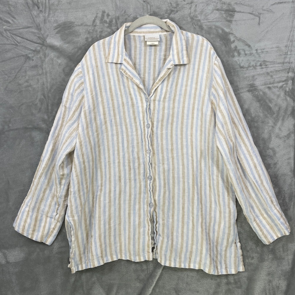 Linda Lundstrom Linen Shirt Womens Size 20‎ Beige Blue Striped Button Up Canada